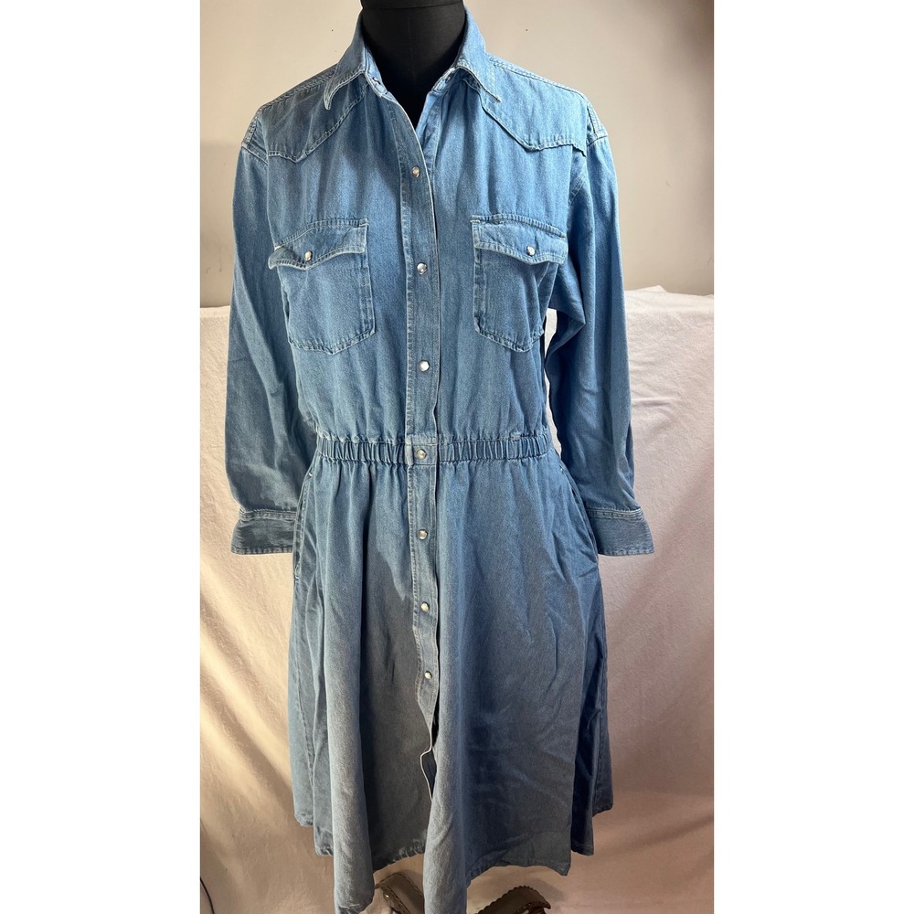 Vintage FADS Denim Western Midi Dress Pearl Snap Elastic Waist Blue Women Medium